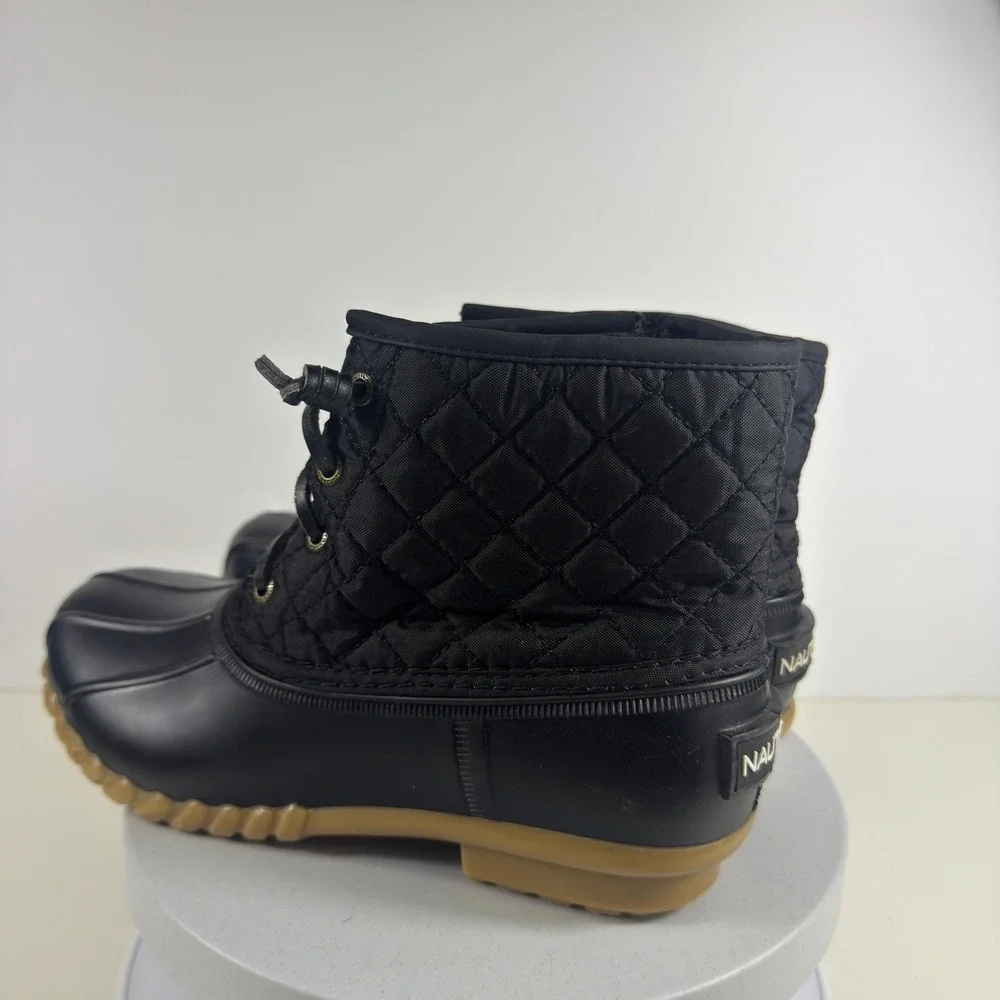 Nautica Womens Black Quilted Duck Boots Waterproof Ankle Rain‎ Snow Boots Zipper